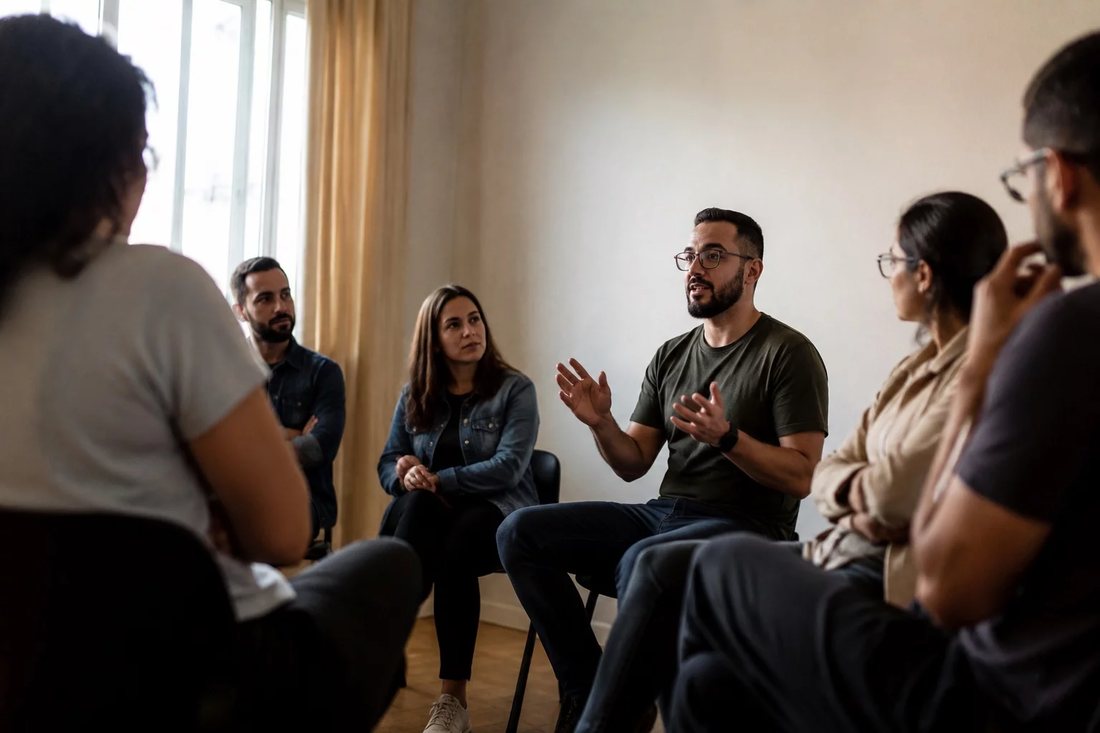 Participantes conversando de pé entre estantes altas de uma biblioteca
