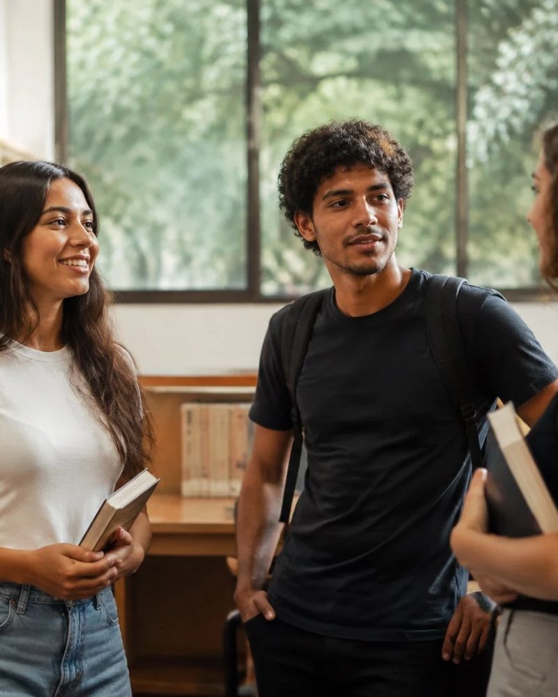 Participante de pé falando para um círculo de colegas sentados em cadeiras de braço