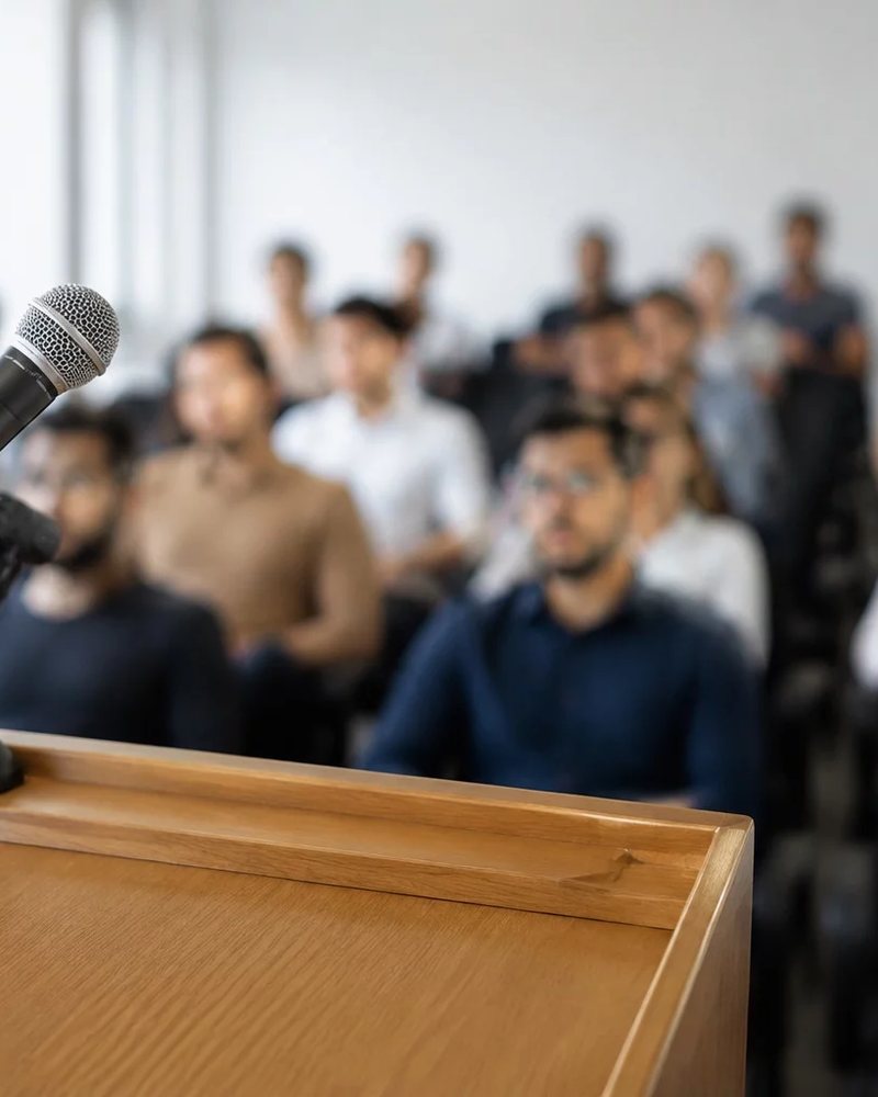 Microfone montado sobre a tribuna, com o público sentado fora de foco atrás
