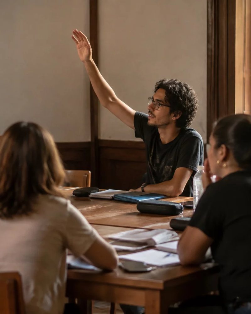 Dupla preparando uma rodada de debate com caderno aberto e canetas marcadoras
